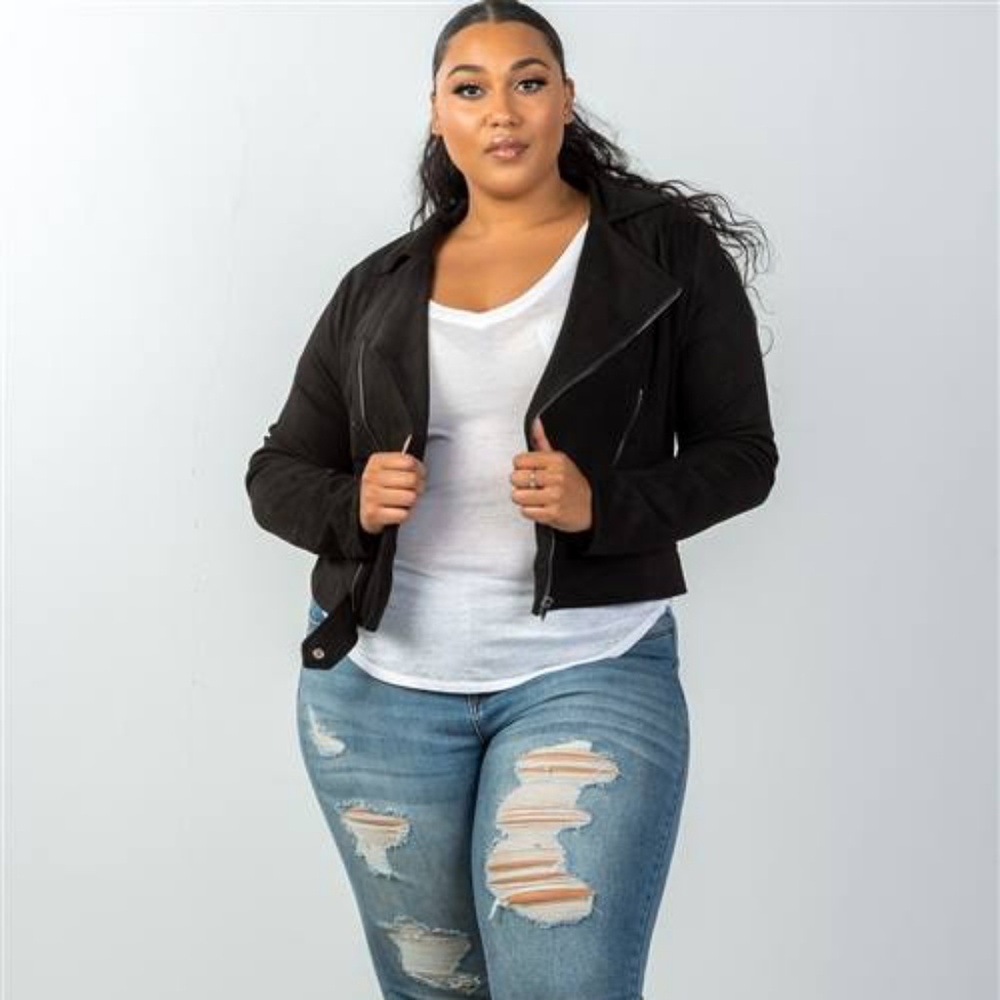 PLUS DANI MOTO CROP ZIPPER VEGAN SUEDE JACKET - Picture 6 of 7